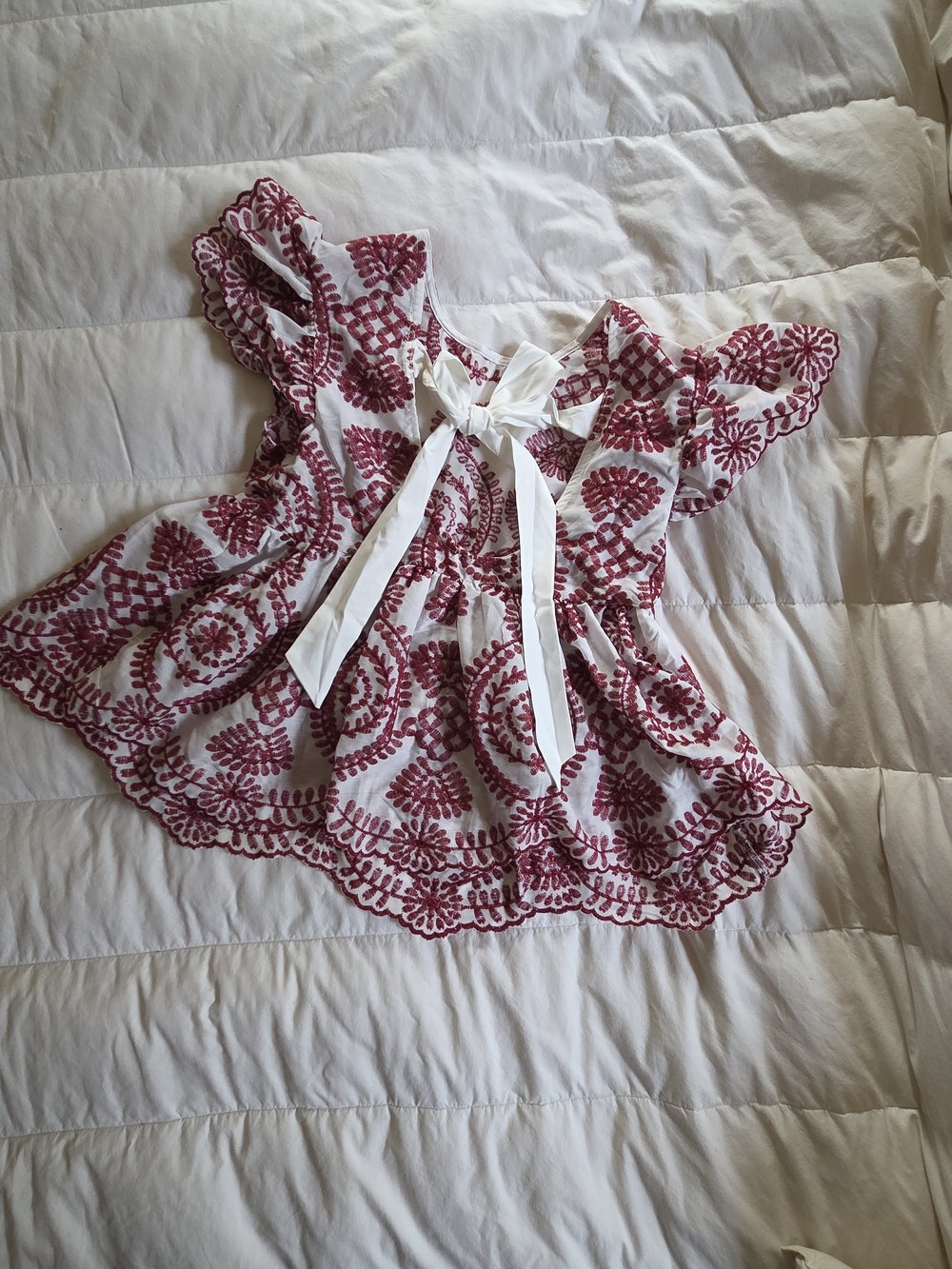 Flutter Sleeve Top with Red Bohemian Embroidery And White Bow Fall Photoshoot